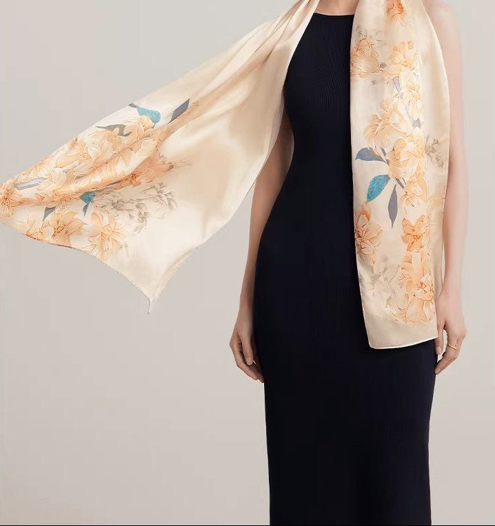 LAN SILK 2025 New Arrival 100% Mulberry Silk Printed Scarf, 12mm Silk Chiffon with Hand-rolled Edges