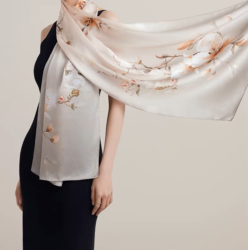 LAN SILK 2025 New Arrival 100% Mulberry Silk Printed Scarf, 12mm Silk Chiffon with Hand-rolled Edges