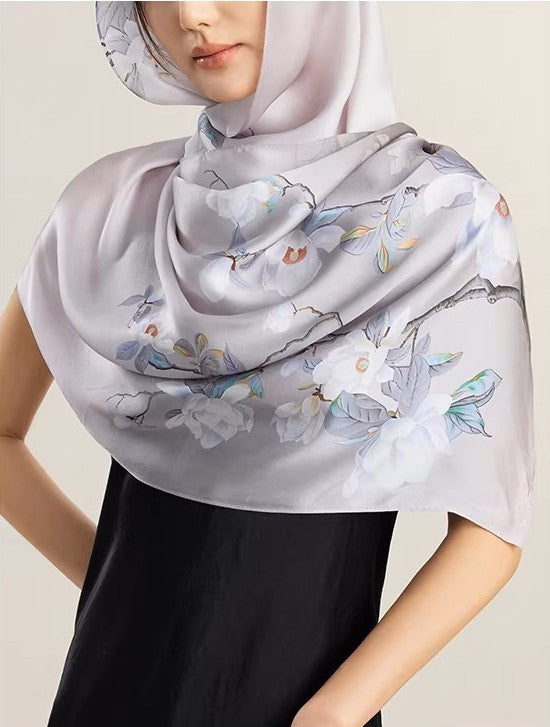 LAN SILK 2025 New Arrival 100% Mulberry Silk Printed Scarf, 12mm Silk Chiffon with Hand-rolled Edges