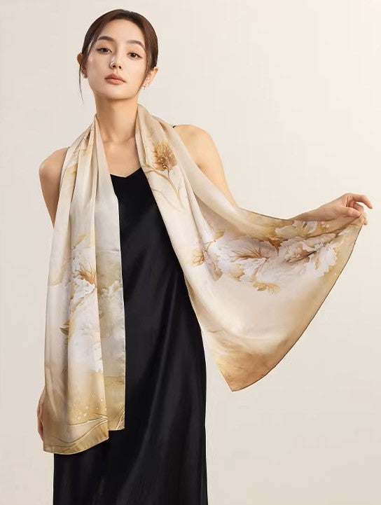 LAN SILK 2025 New Arrival 100% Mulberry Silk Printed Scarf, 12mm Silk Chiffon with Hand-rolled Edges