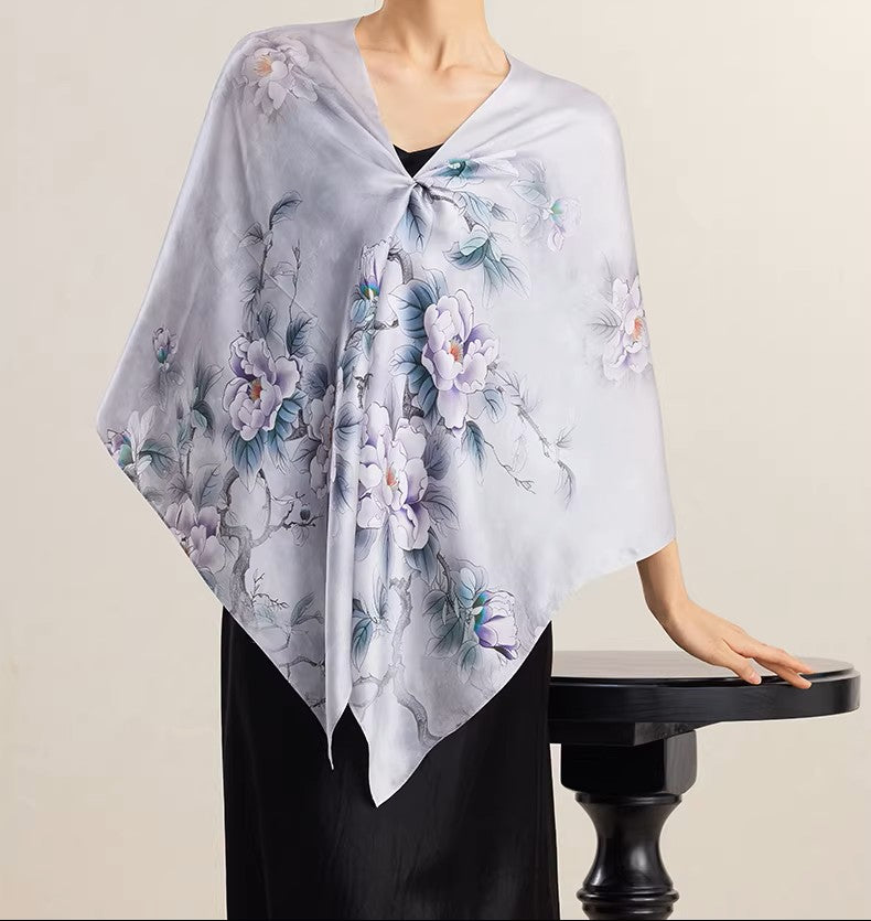 LAN SILK 2025 New Arrival 100% Mulberry Silk Printed Scarf, 12mm Silk Chiffon with Hand-rolled Edges