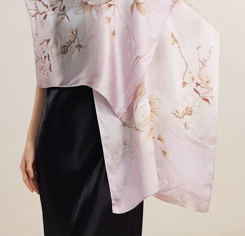 LAN SILK 2025 New Arrival 100% Mulberry Silk Printed Scarf, 12mm Silk Chiffon with Hand-rolled Edges
