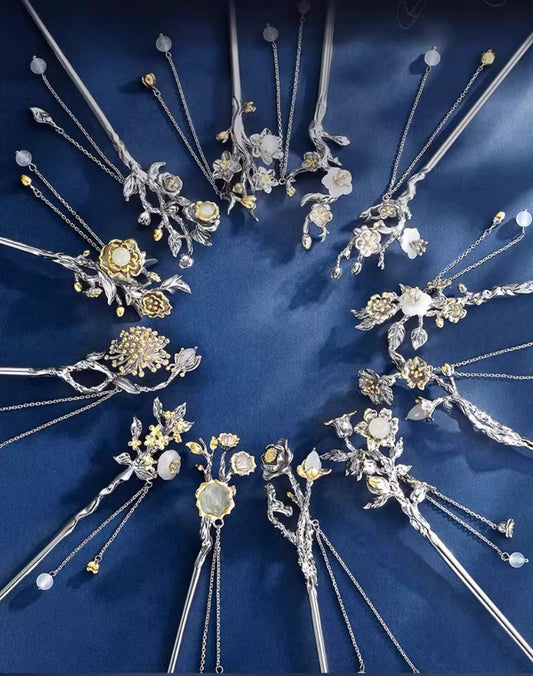 Sterling Silver Twelve Flower Gods Hairpin for Women (Neo-Chinese Ancient Style)