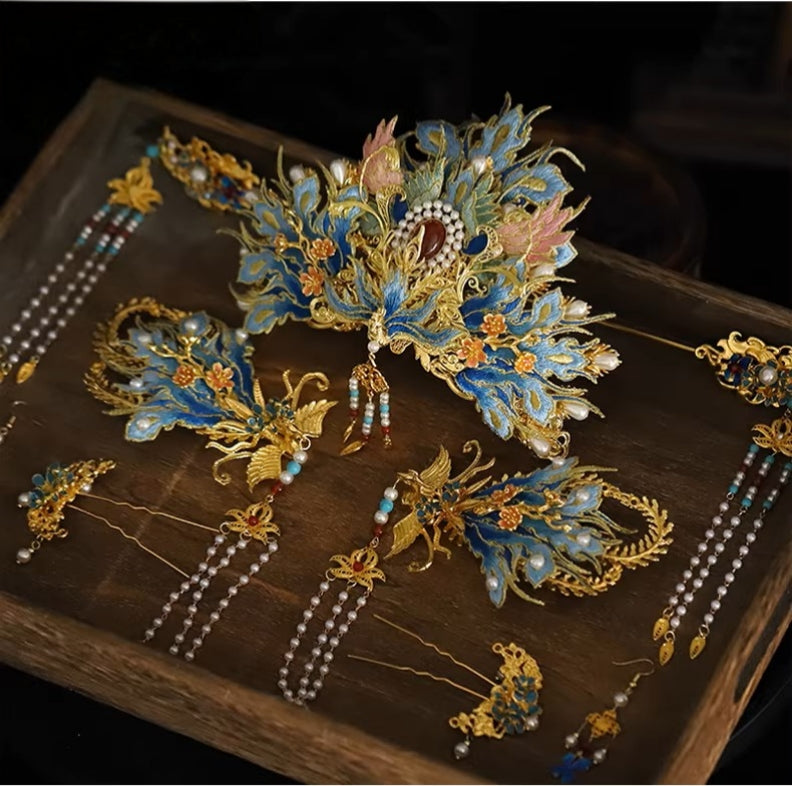 Handcrafted Phoenix Coronet Headpiece Set for Ming-style Hanfu