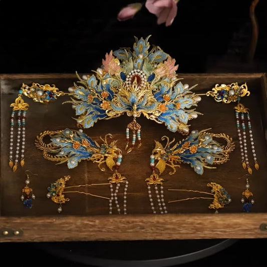 Handcrafted Phoenix Coronet Headpiece Set for Ming-style Hanfu