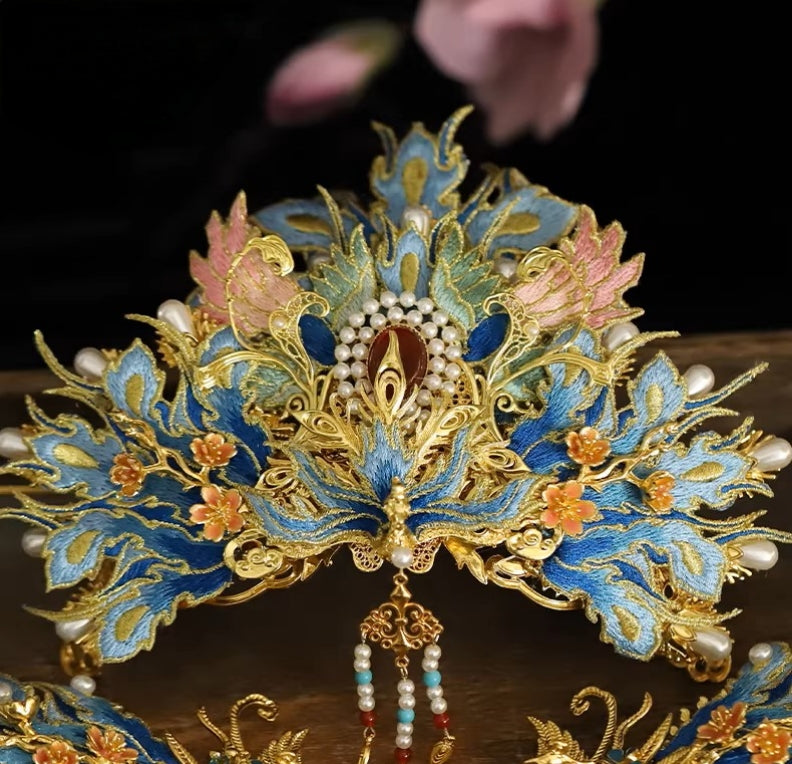 Handcrafted Phoenix Coronet Headpiece Set for Ming-style Hanfu