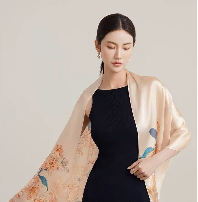 LAN SILK 2025 New Arrival 100% Mulberry Silk Printed Scarf, 12mm Silk Chiffon with Hand-rolled Edges