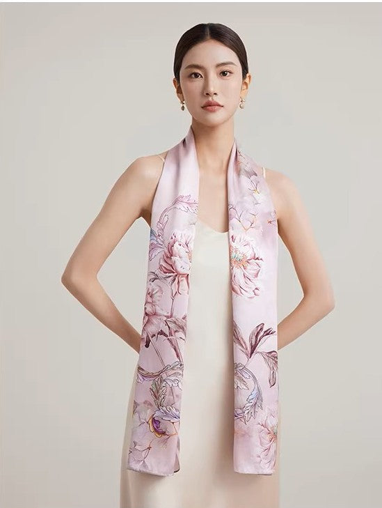 LAN SILK 2025 New Arrival 100% Mulberry Silk Printed Scarf, 12mm Silk Chiffon with Hand-rolled Edges