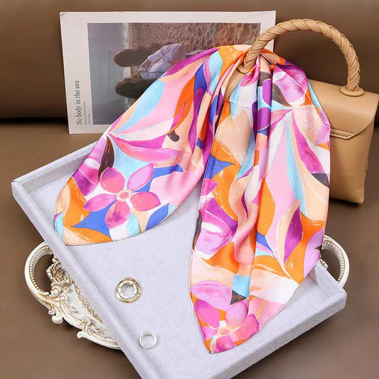 70cm Silk Scarf - Luxe Vintage Print, Premium Fashion Accessory for Women（Flower）