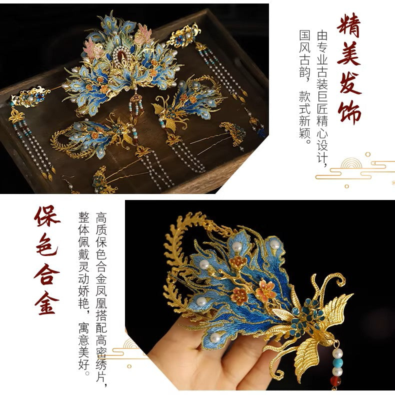 Handcrafted Phoenix Coronet Headpiece Set for Ming-style Hanfu