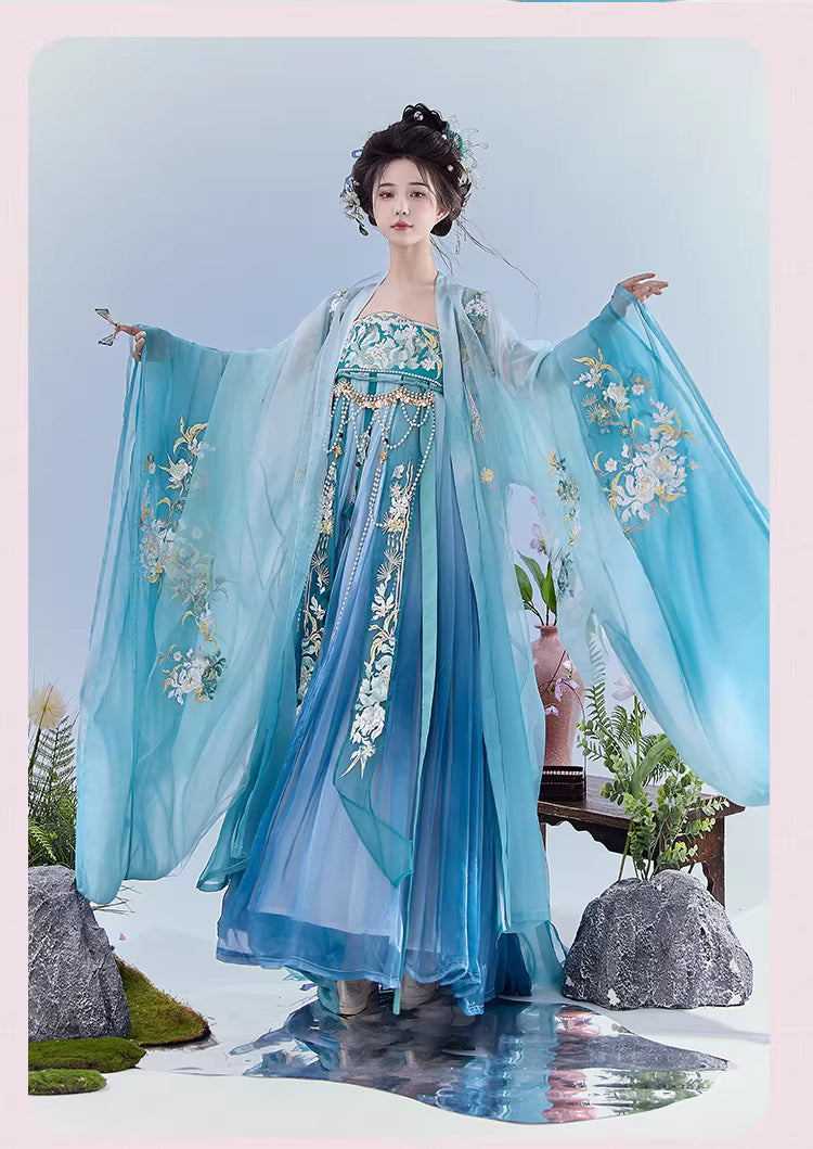 Tang Dynasty Hanfu-Exquisite Heavy Embroidery Wide-Sleeve Shirt + High-Chest Heziqun