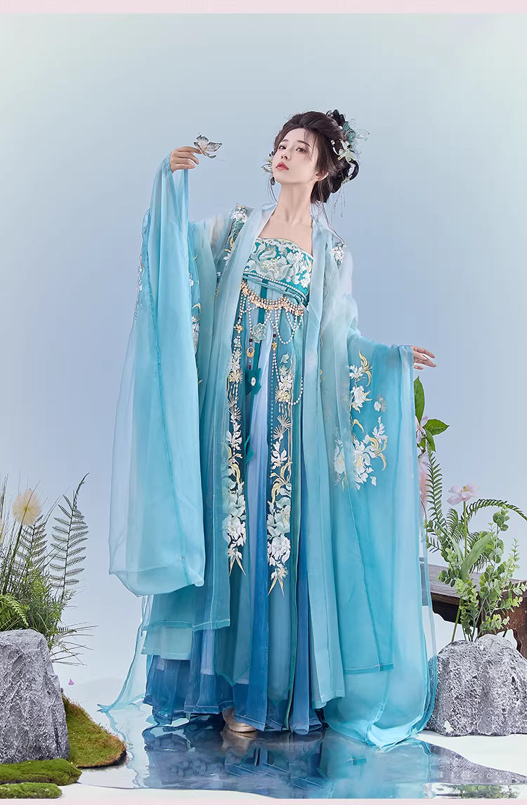 Tang Dynasty Hanfu-Exquisite Heavy Embroidery Wide-Sleeve Shirt + High-Chest Heziqun