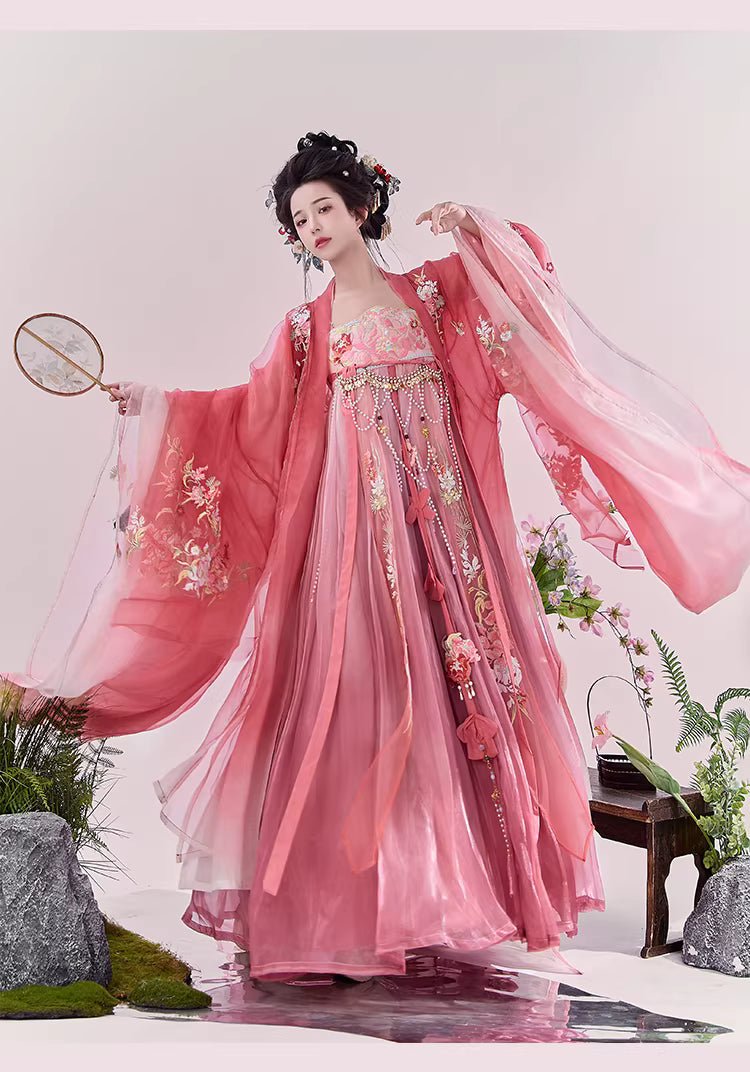 Tang Dynasty Hanfu-Exquisite Heavy Embroidery Wide-Sleeve Shirt + High-Chest Heziqun
