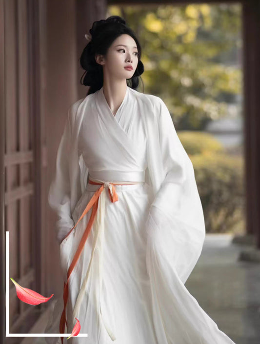Wei-Jin Style Women's White Hanfu: Wide-sleeve Blouse & Ru Skirt