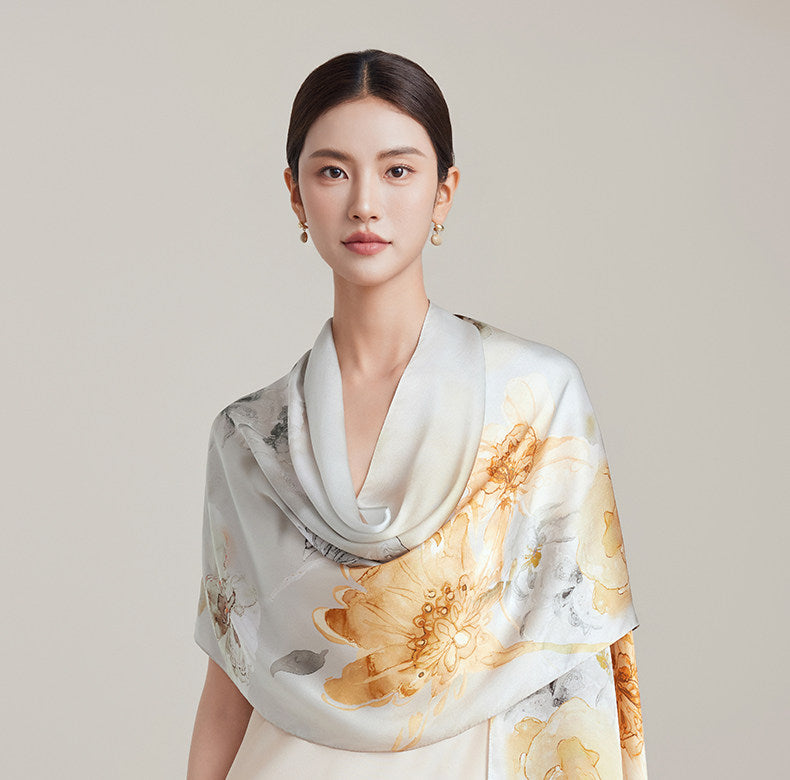 LAN SILK 2025 New Arrival 100% Mulberry Silk Printed Scarf, 12mm Silk Chiffon with Hand-rolled Edges