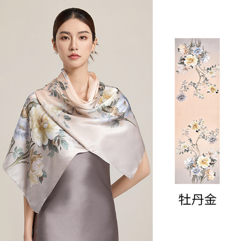 Exquisite 100% Silk Scarf （Peony Gold）