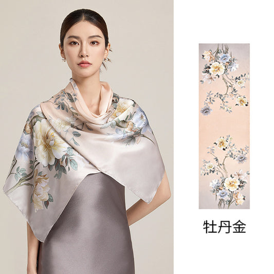 Exquisite 100% Silk Scarf （Peony Gold）